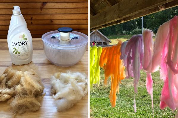 The tools for washing wool, and wool hanging out to dry after being dyed.
